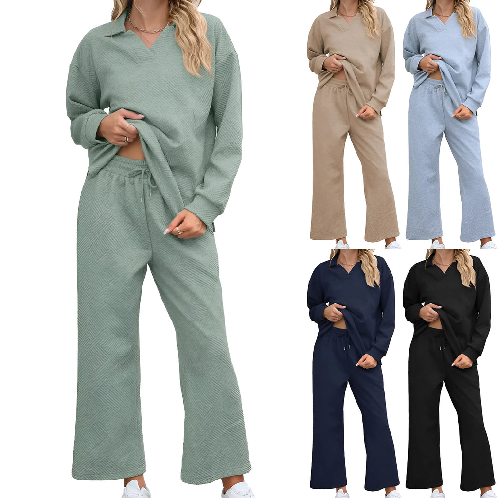 Women's solid colour lapel sweater and elastic waist cropped trousers rayon knit suit set