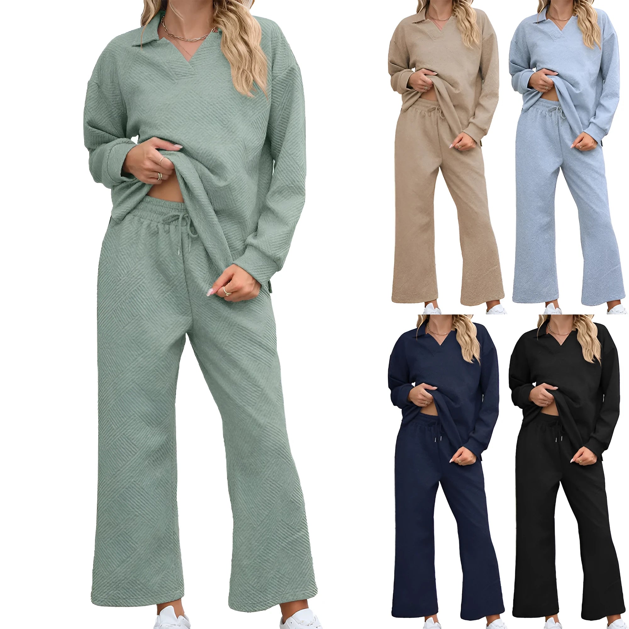 Women's solid colour lapel sweater and elastic waist cropped trousers rayon knit suit set