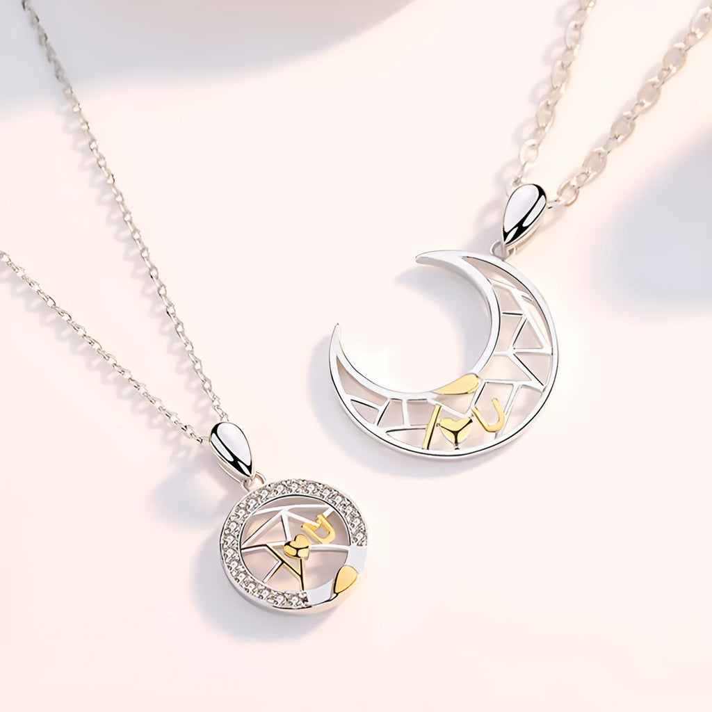 Sun moon couple necklace with electroplated copper cross chain and celestial pendant charms