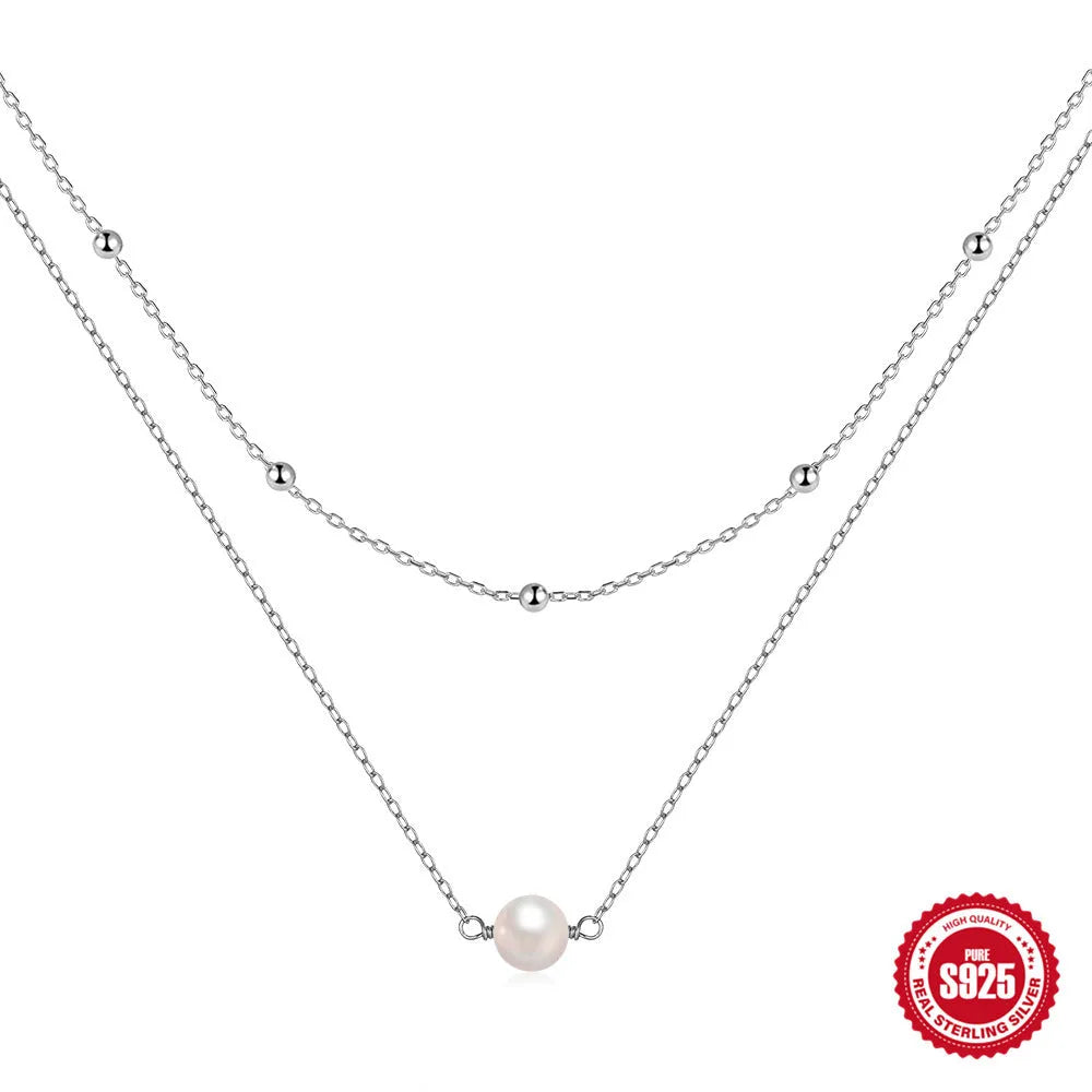 S925 sterling silver double layer pearl necklace with twin accents in gold plating