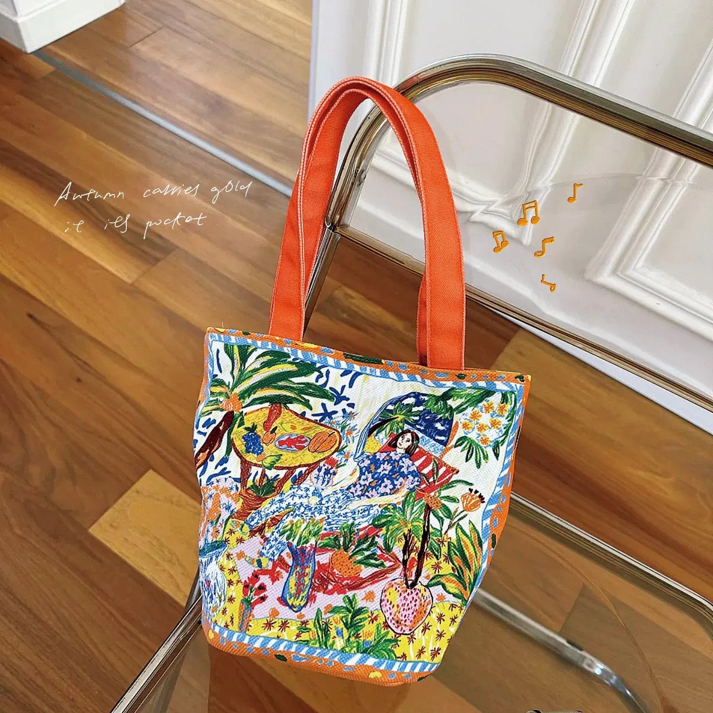 Dream garden orange plush bucket bag with printed letters and double shoulder straps