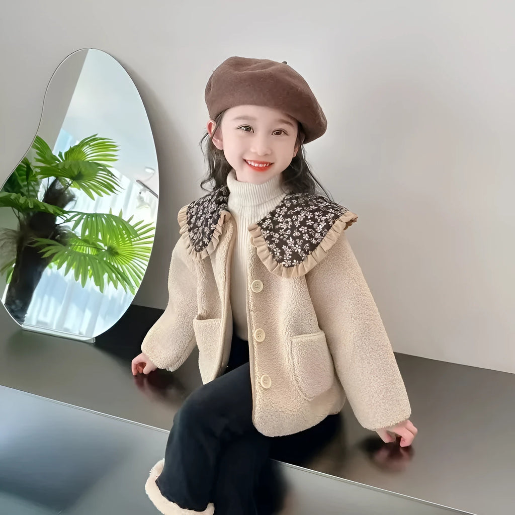 Khaki Mori style girls' fleece-lined coat with long sleeves and thickened polyester for winter