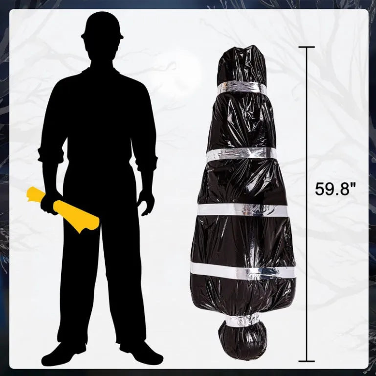 Black fake body bag outdoor horror prop with inflatable human body, 150cm, with hemp rope and rubber ring.