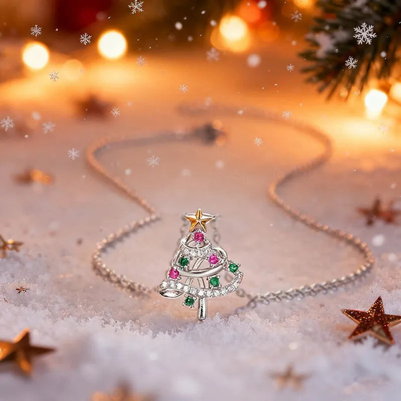 Two-tone copper inlaid zircon Christmas tree necklace with star and geometric snowflake pendant, O-ring chain
