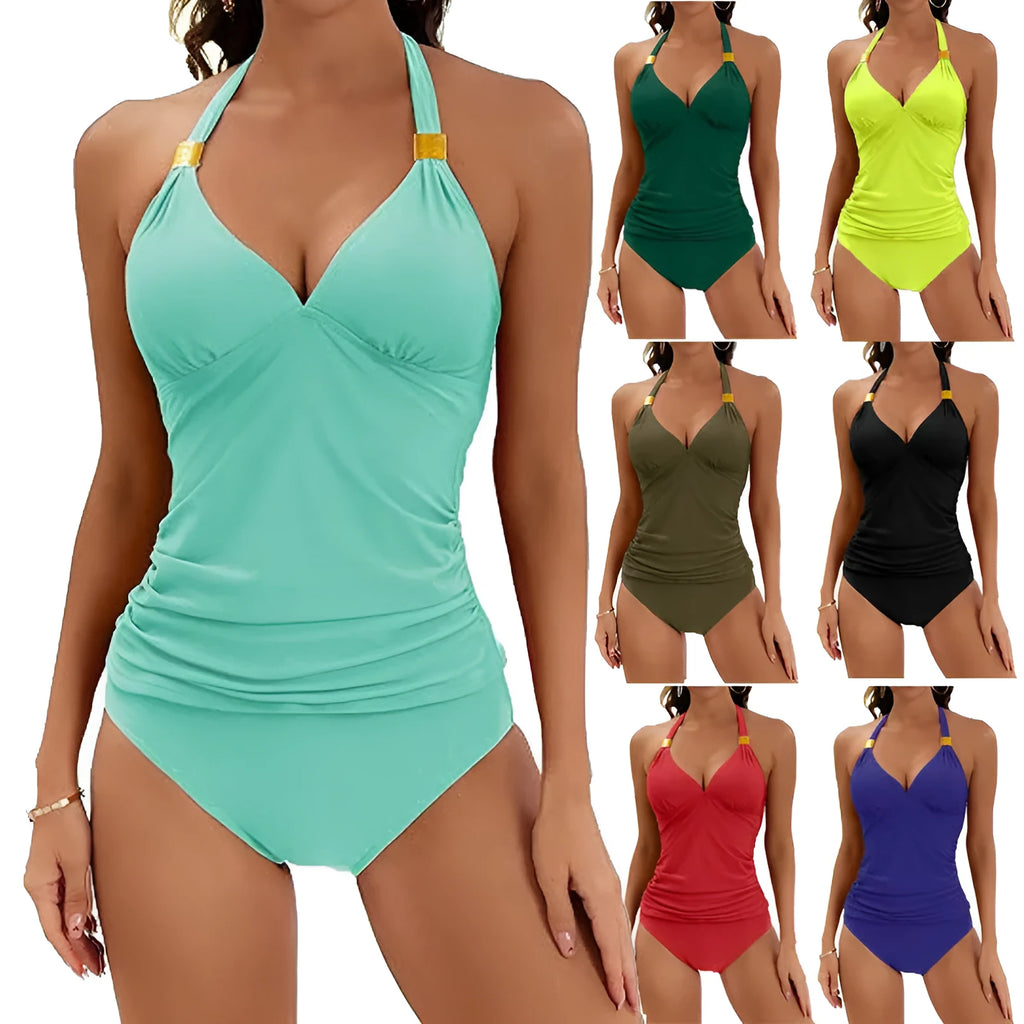 Solid colour halter neck bikini swimsuit with V-neck design in polyester-spandex fabric