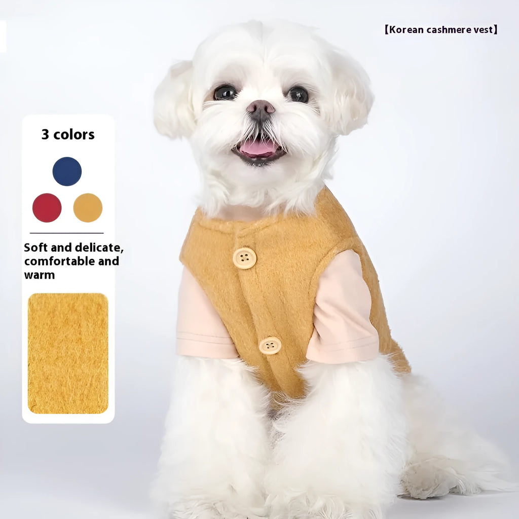 Small dog wearing blue Korean cashmere vest style cotton clothing for autumn and winter