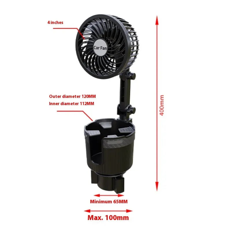 A portable fan with a base designed to fit into a car cup holder, with power cable for 12V, 24V, or USB connection.