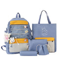 Nylon student backpack four-piece set in pink, black, purple, and blue with curved shoulder straps