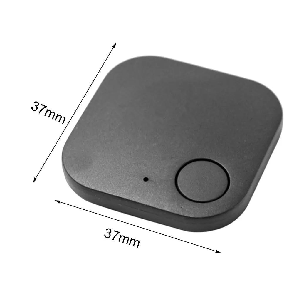 Square anti-lost device in black silk finish with ABS casing on a white background