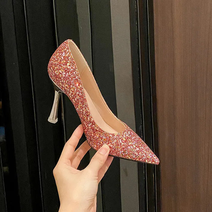 Women's bridal glitter high heels with pointed toe, fine 7cm heel, available in gold, red, and silver.