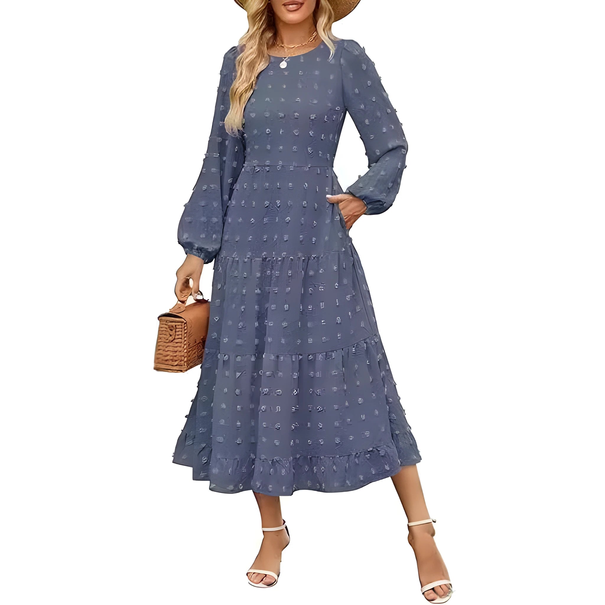 Women's long sleeve casual dress with ruffle sleeves and high waist in beige colour