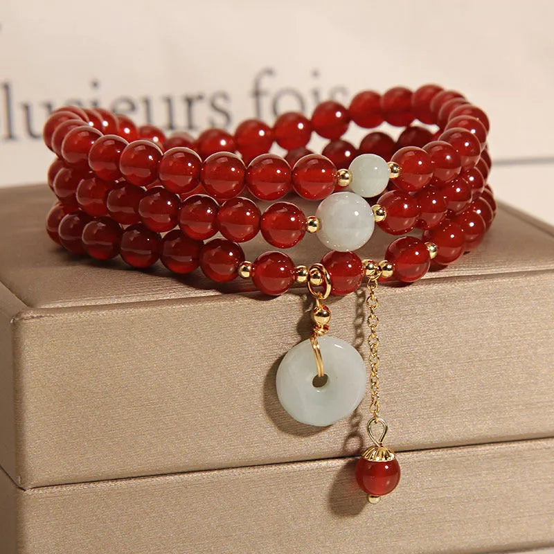 Red agate crystal multi-layer bracelet for women with adjustable length in retro ethnic style