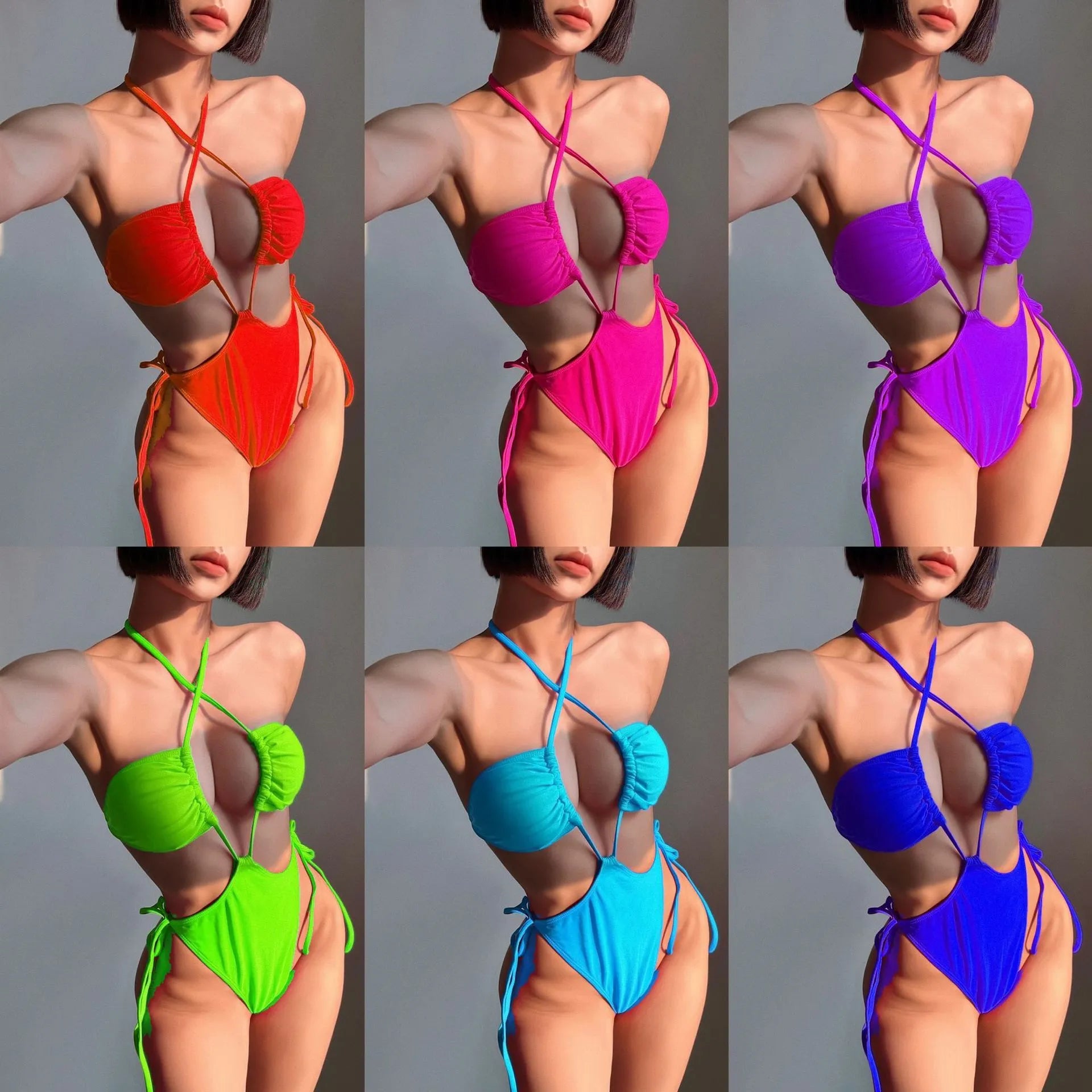 Women's adjustable drawstring one-piece swimsuit in nylon fabric available in eight solid colours