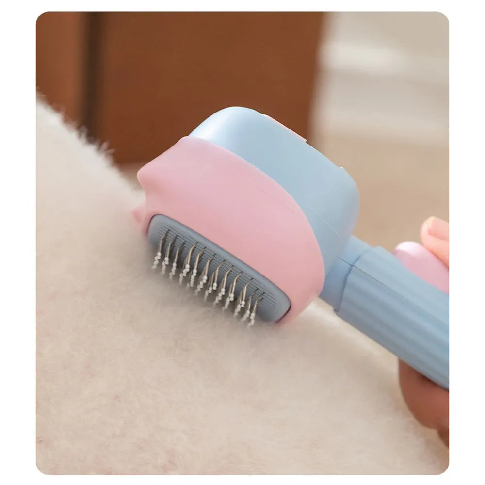 Blue and green double-sided pet grooming brush showing deshedding rake and dematting comb sides.
