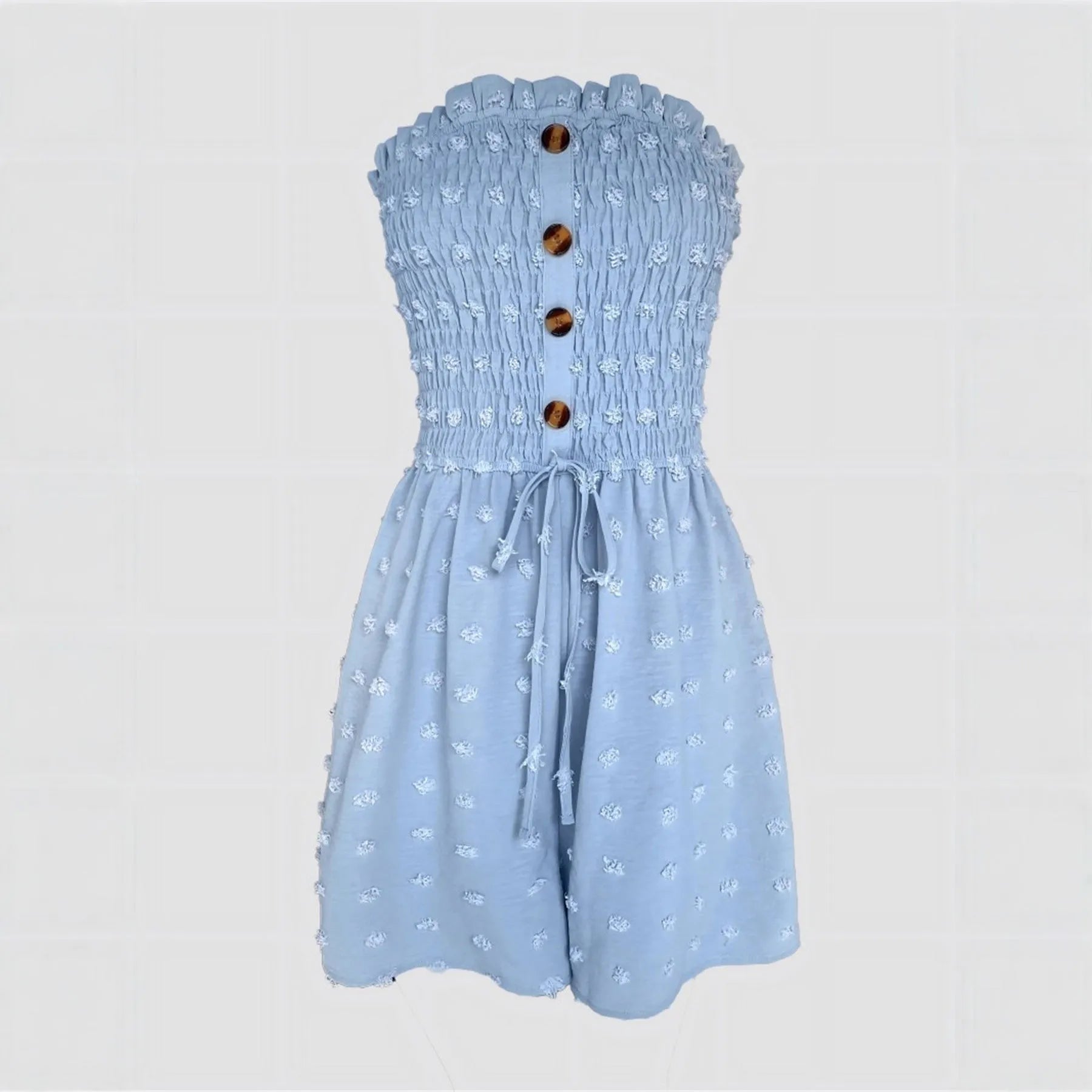 Solid colour off-shoulder sleeveless women's jumpsuit on a hanger, showing button detail and mid-waist design.