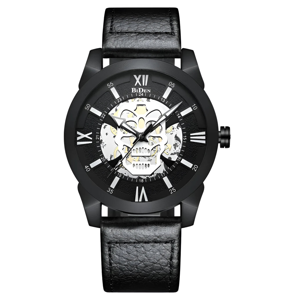 Biden men's hollow quartz watch with calendar display and black strap