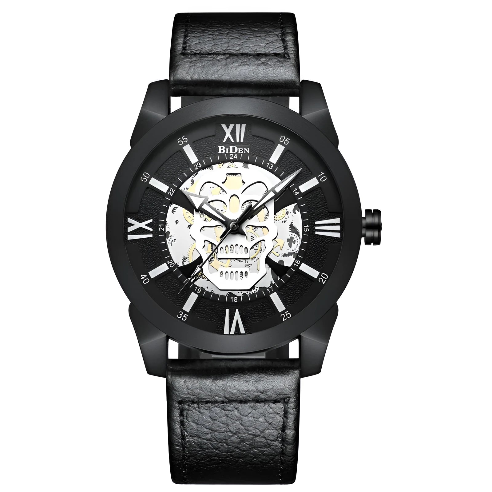 Biden men's hollow quartz watch with calendar display and black strap