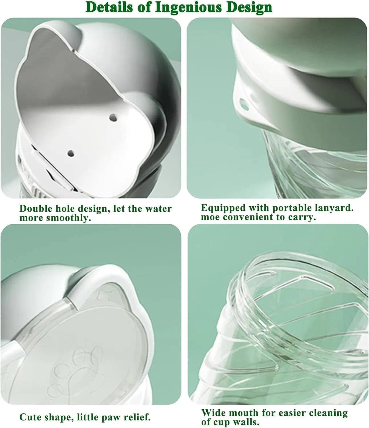 Green 3-in-1 portable pet water bottle with food container and waste bag dispenser, held by its strap.
