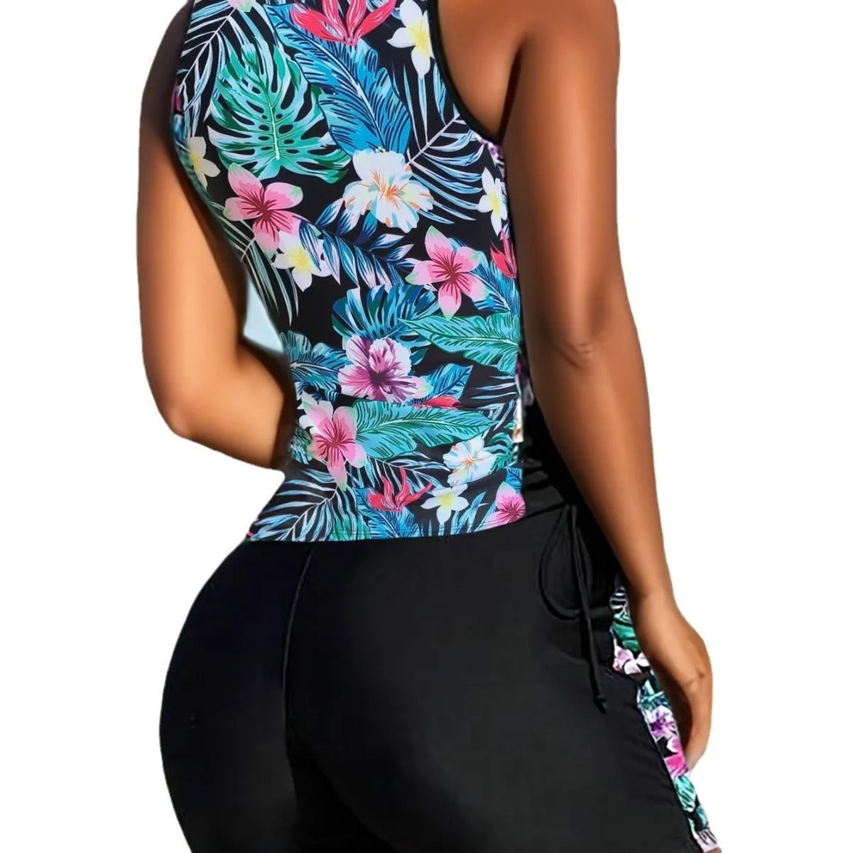 Plus size women's floral print swimsuit bikini with high waist briefs and backless design