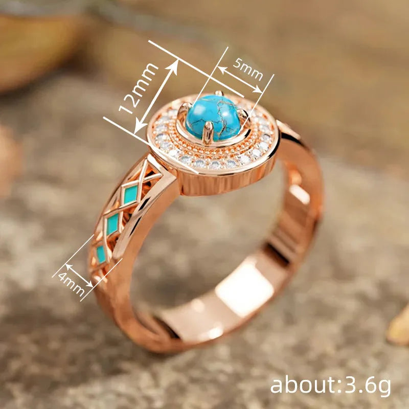 Women's turquoise ethnic style zircon ring in rose gold on copper with geometric design