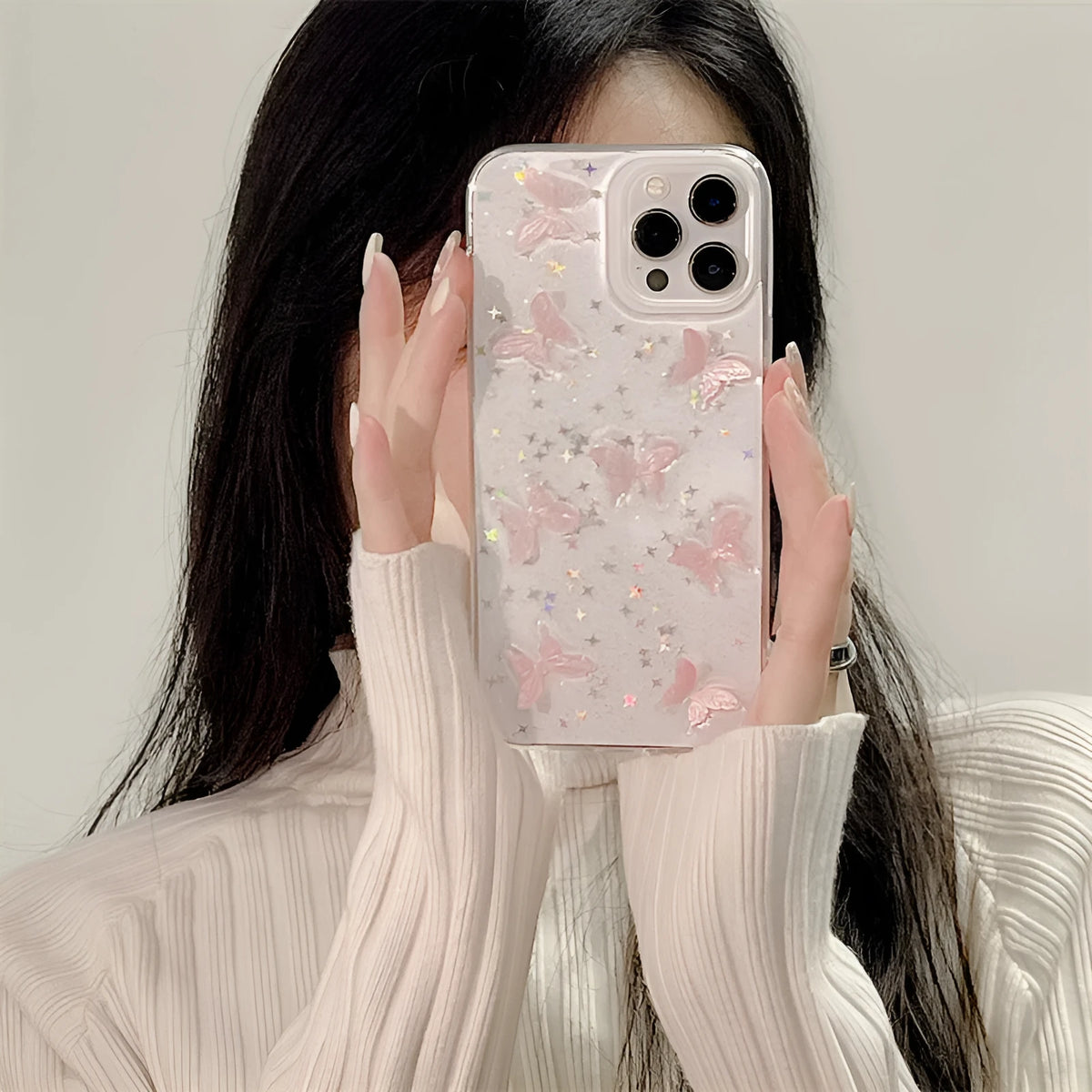 Transparent TPU iPhone 13 Pro Max case with three-dimensional dream pink butterfly back cover
