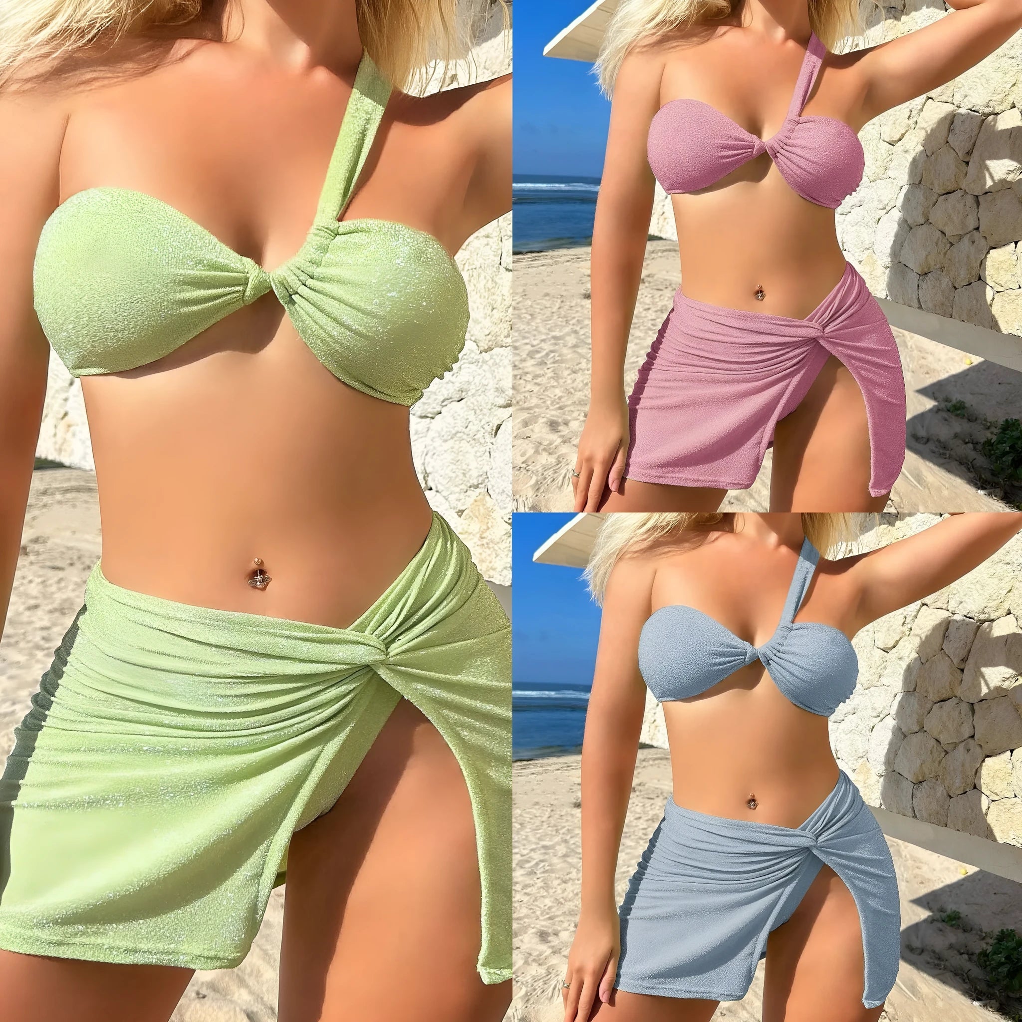 Women's one-shoulder tube top three piece swimsuit set in glossy polyester fabric