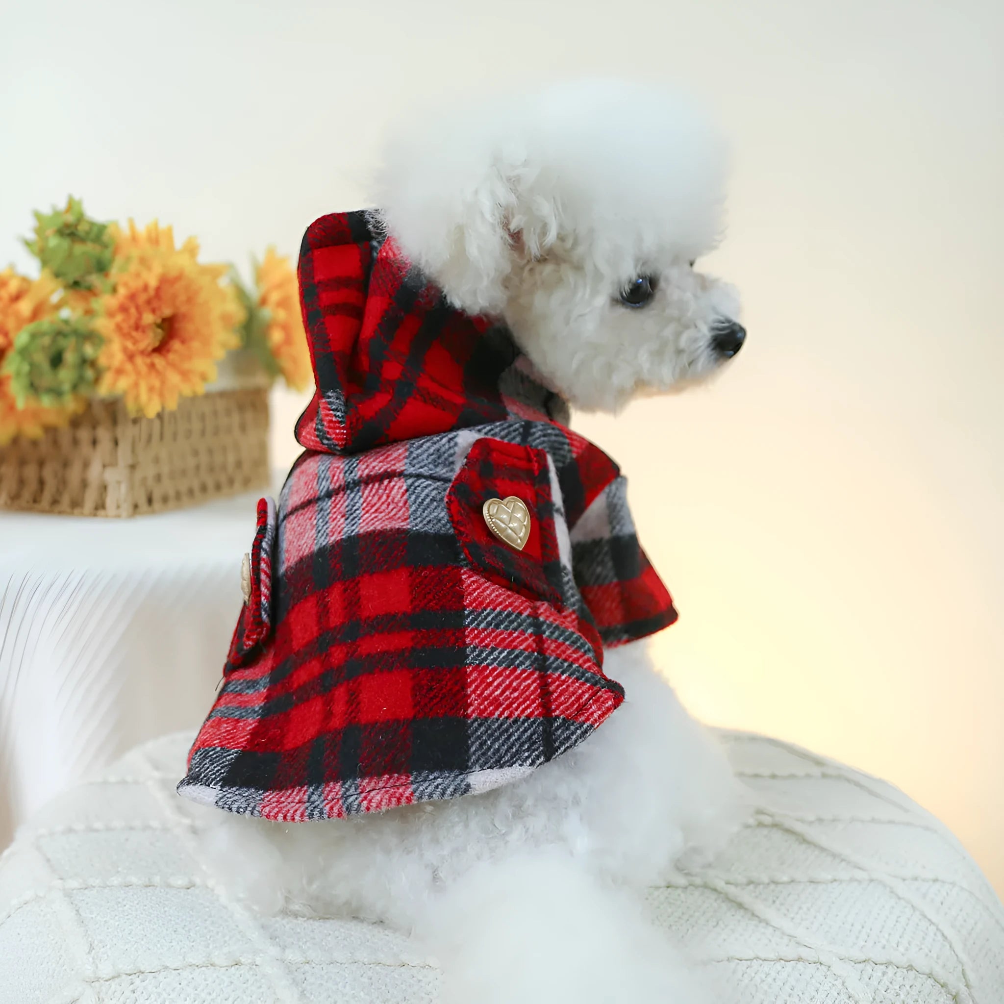 Red plaid dog trench coat for autumn and winter warmth in casual pet clothing style