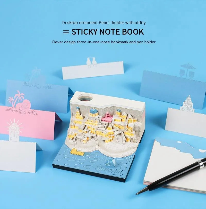 Illuminated 3D paper carving model of Santorini beach with integrated notepad