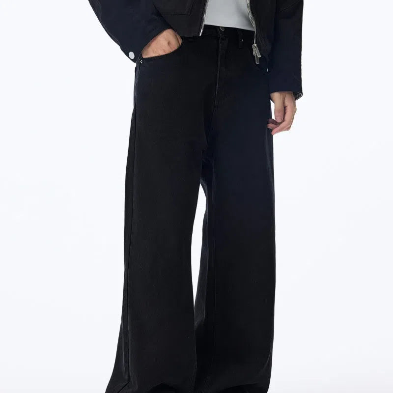 Black straight-leg fleece-lined cotton jeans, American-style casual trousers for autumn and winter, solid colour