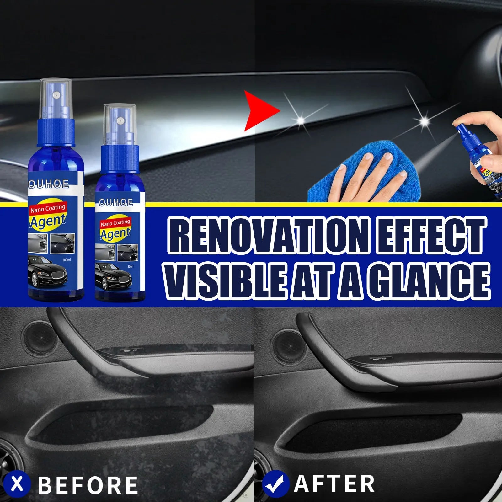 Car interior plastic renovation spray bottle in 30ml or 100ml size with yellow sponge