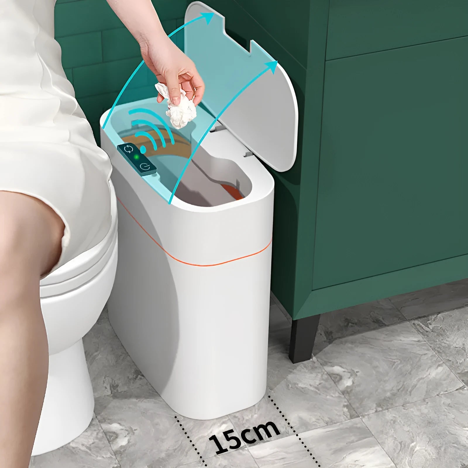 White automatic induction smart trash can with lid open, showing internal bin liner.