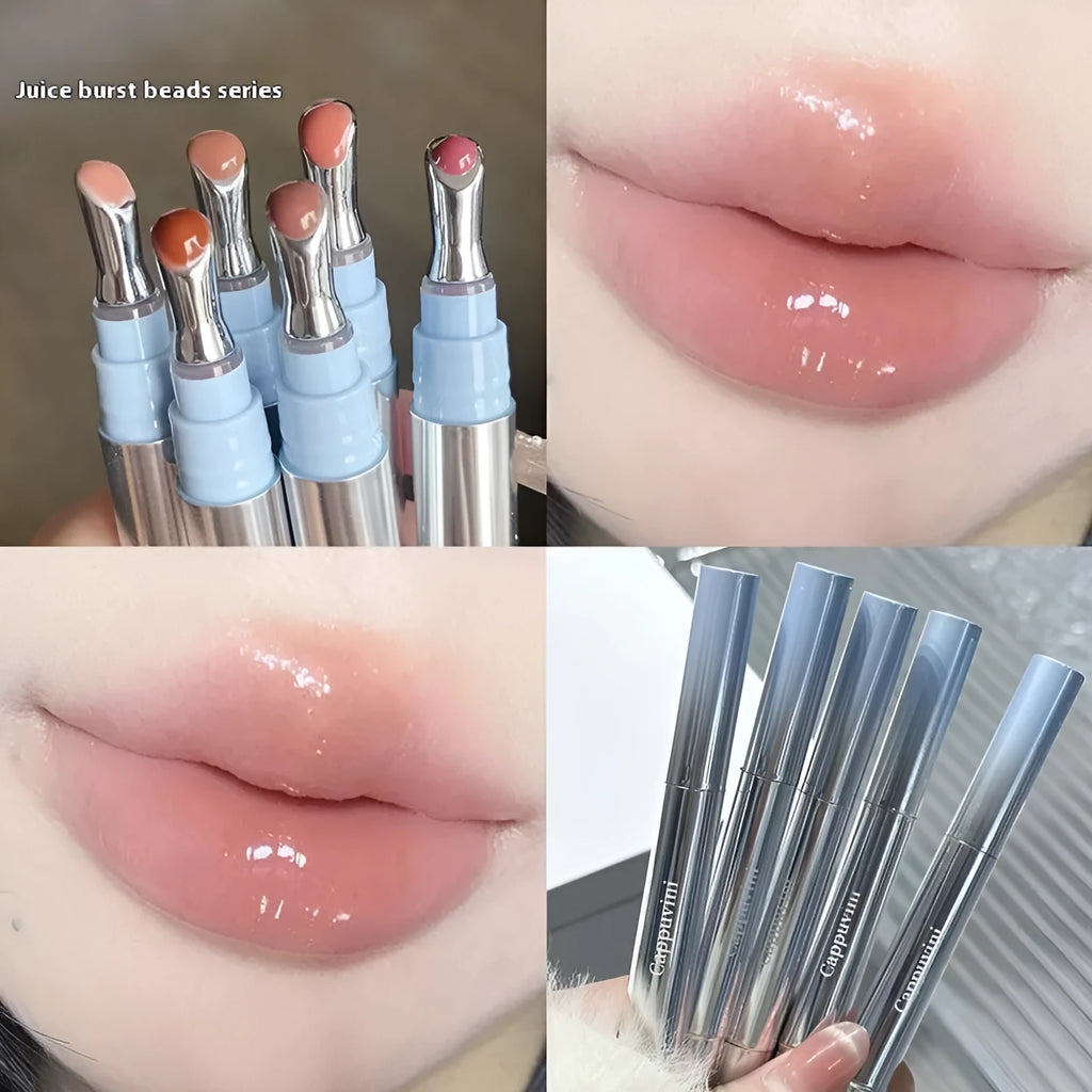 Mirror Water Light Lip Gloss in six ice shade variants including almond, silver, pear, raspberry, peach gum, and pomegranate.