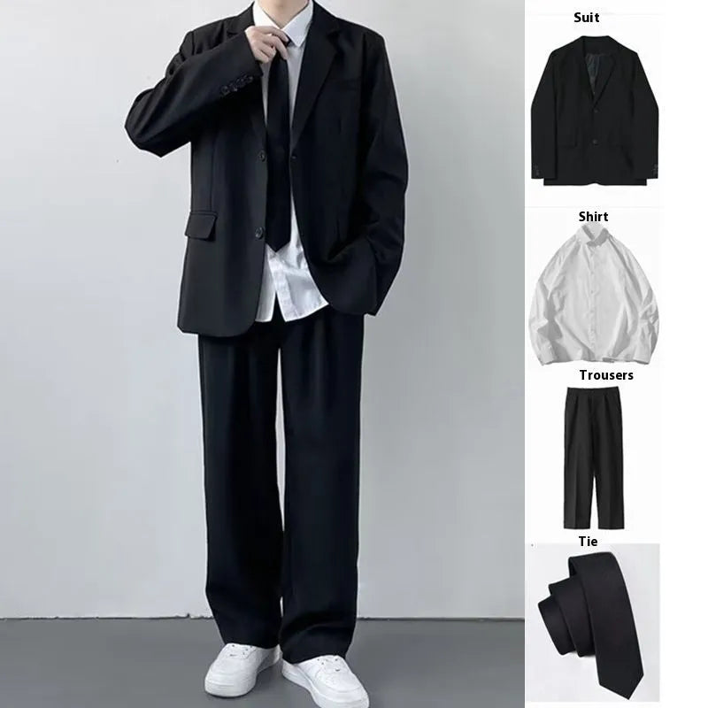 Plus size men in a navy college style suit set with white shirt and tie, showing loose fit.