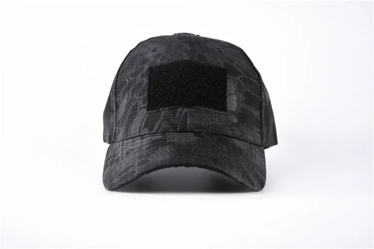 Cotton twill baseball cap with Velcro front panel and embroidered letter pattern in Black