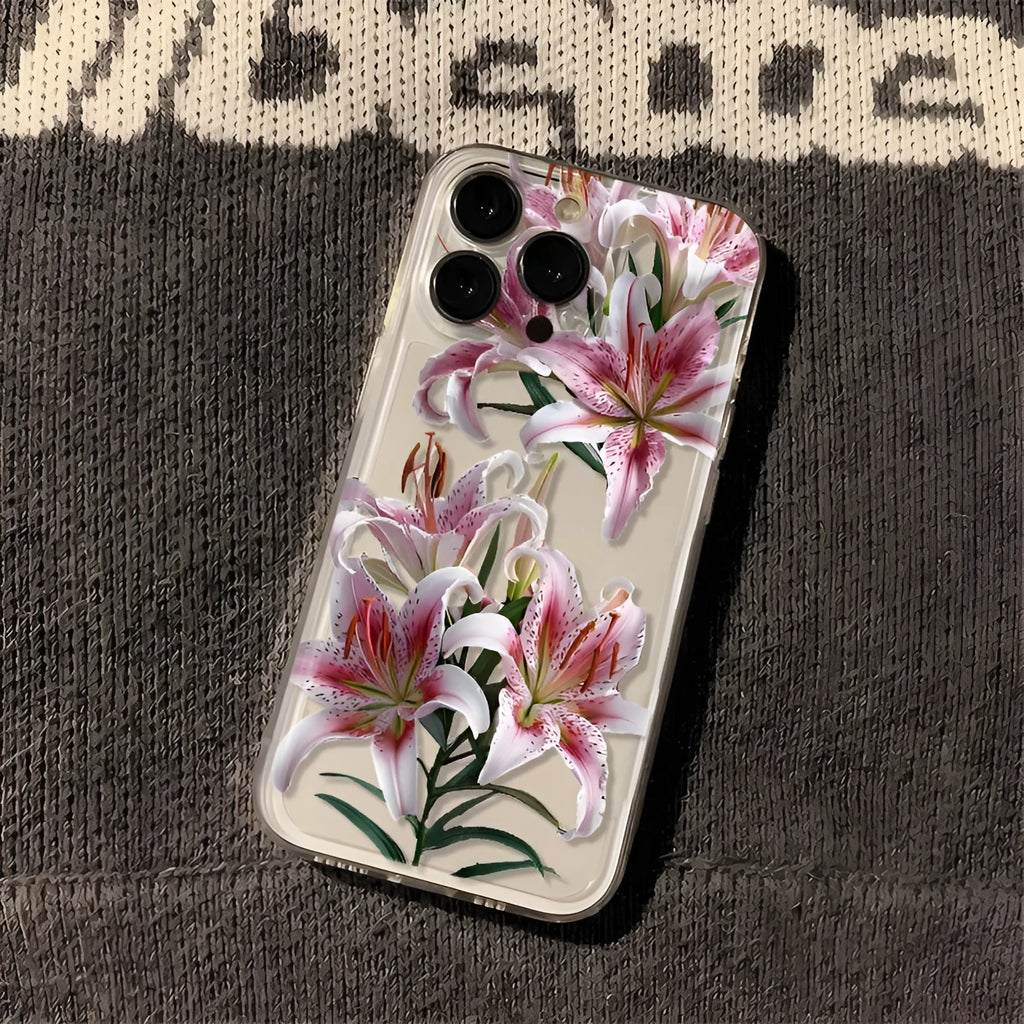 Transparent TPU phone case with embossed lily design, anti-fall back cover for iPhone models
