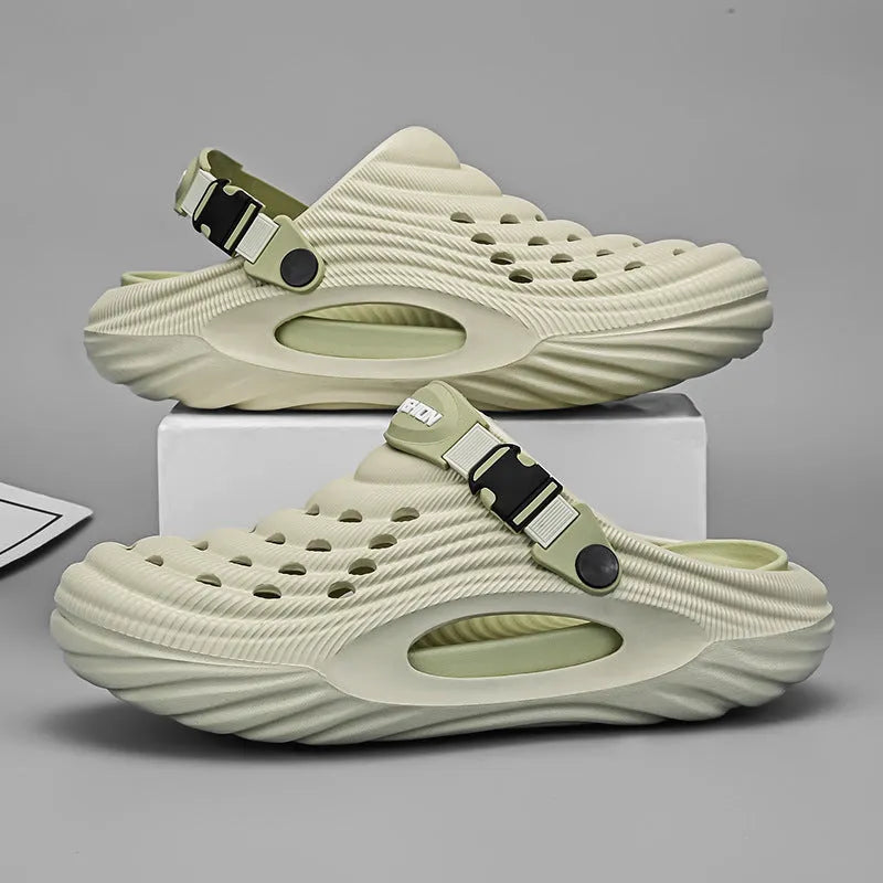 Men's solid colour platform slippers in light green, made from EVA with a hollow out design on the upper.