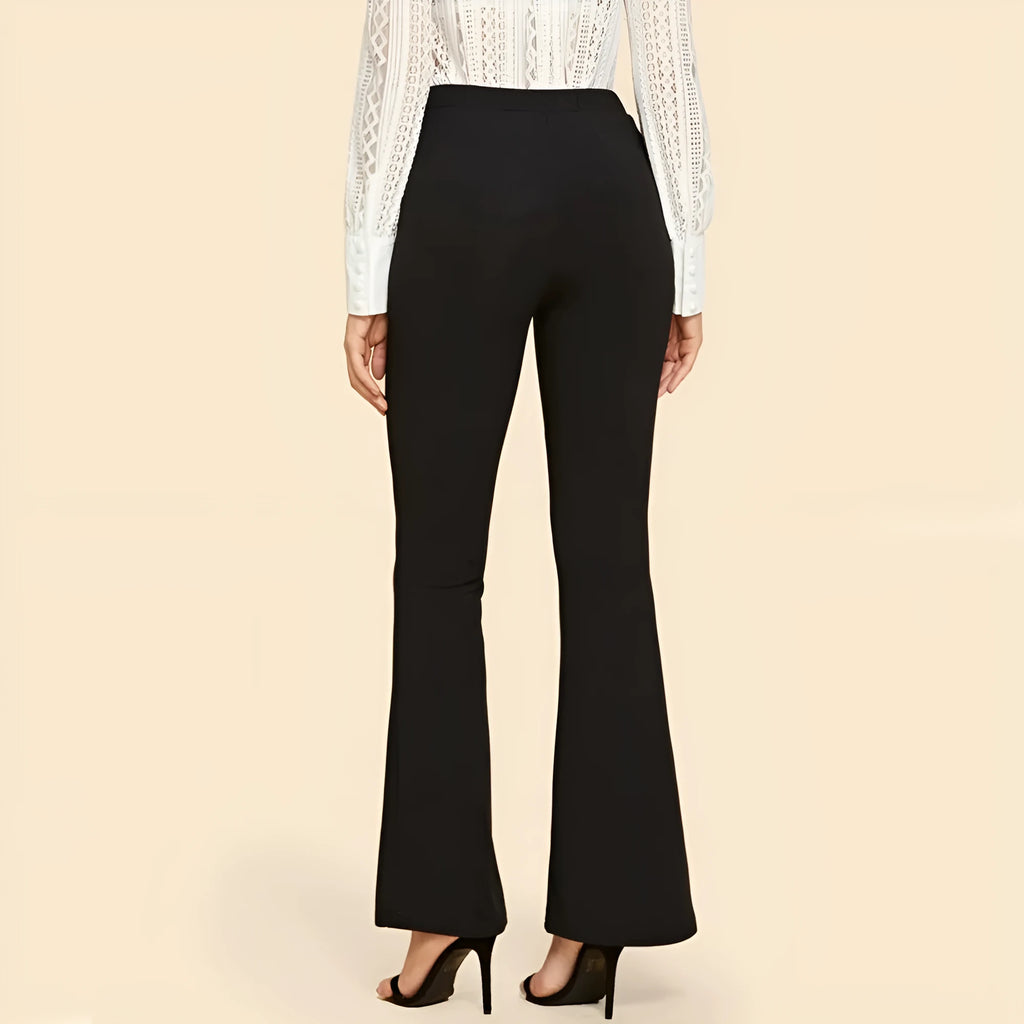 High waist black flared pants for ladies made from cotton blend fabric, available in multiple sizes