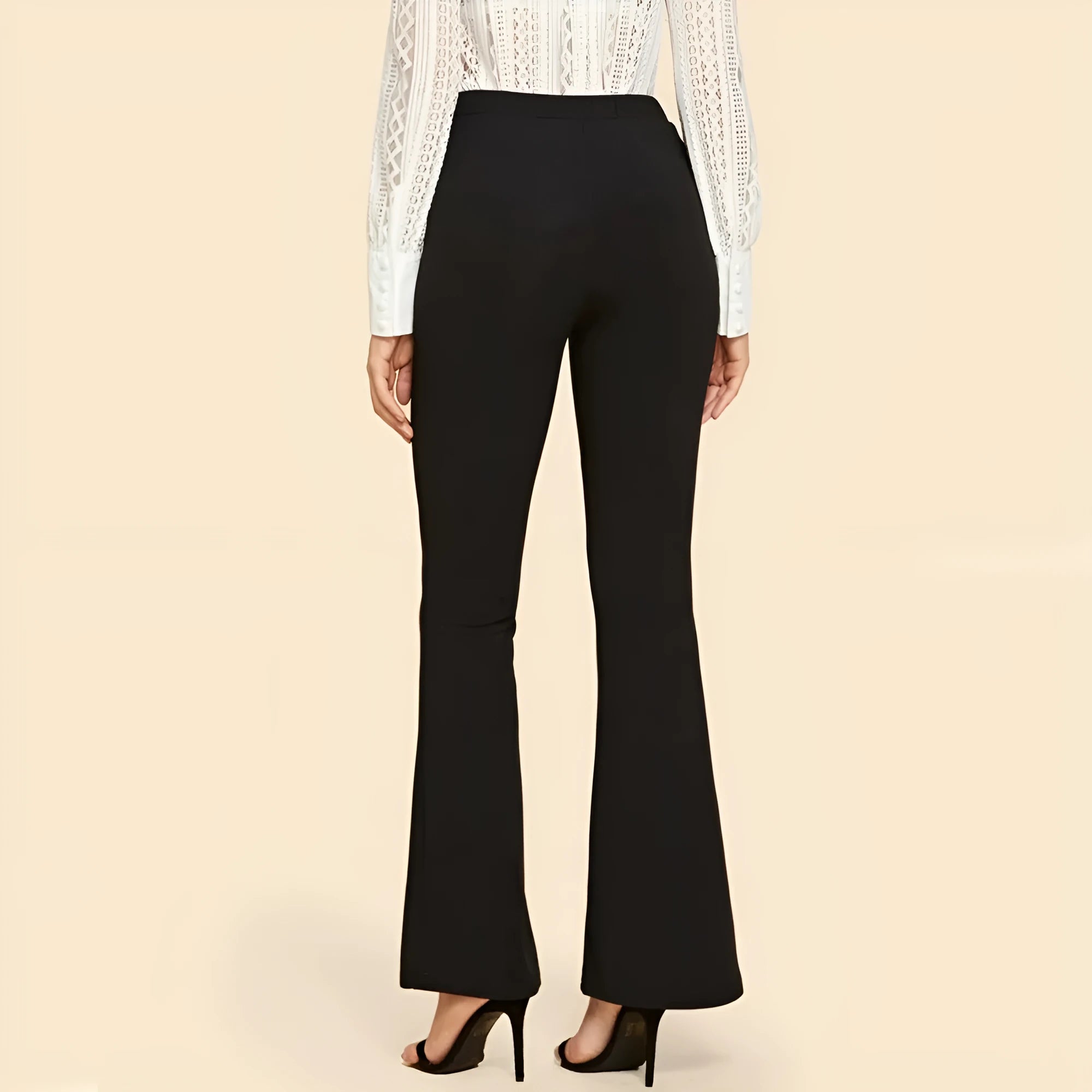 High waist black flared pants for ladies made from cotton blend fabric, available in multiple sizes