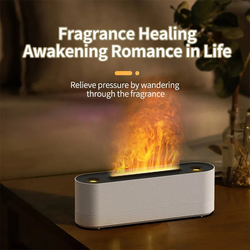 Black ultrasonic aroma diffuser with flame effect LED lighting and water mist output