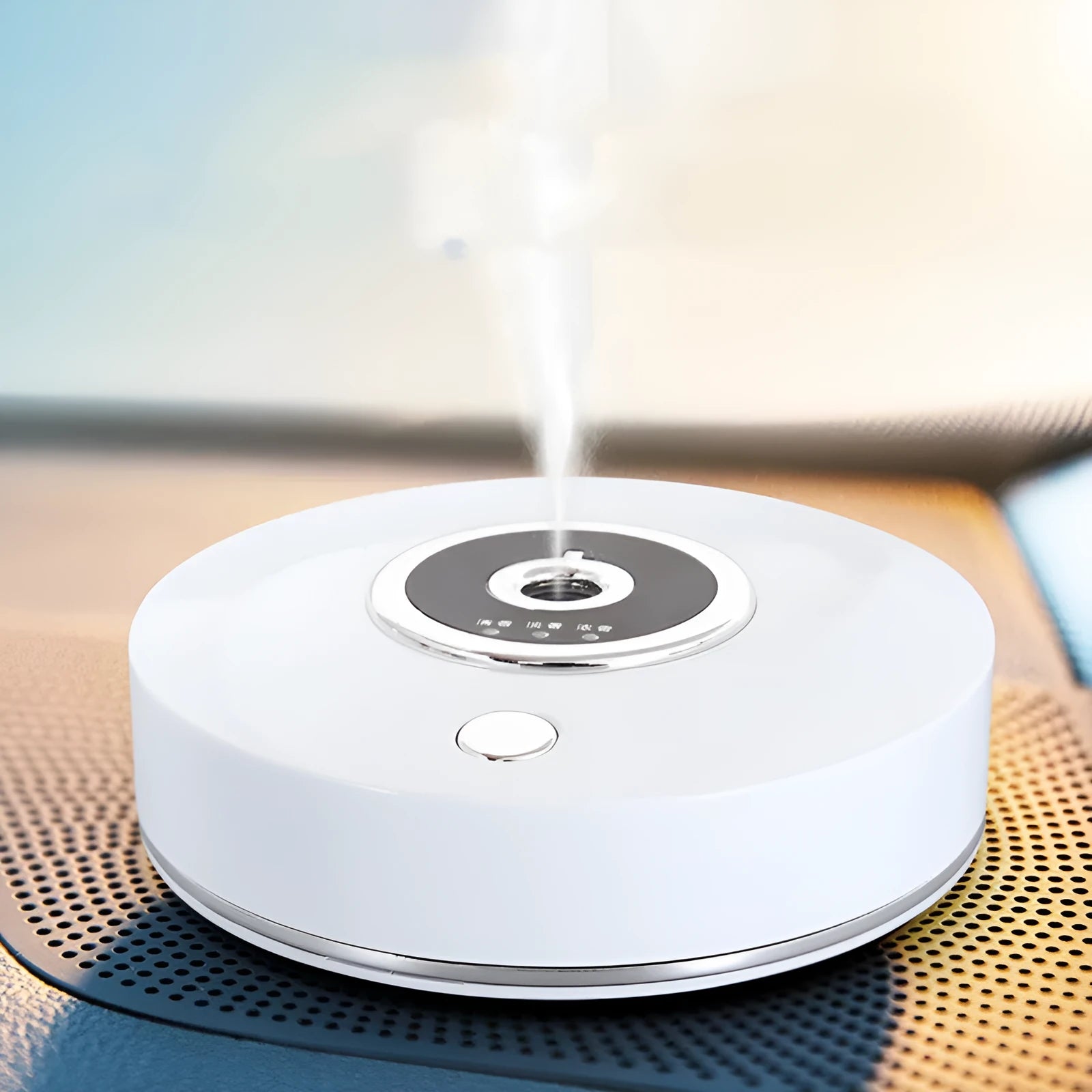 USB-powered car air freshener diffuser in black plastic housing with anti-slip pad.