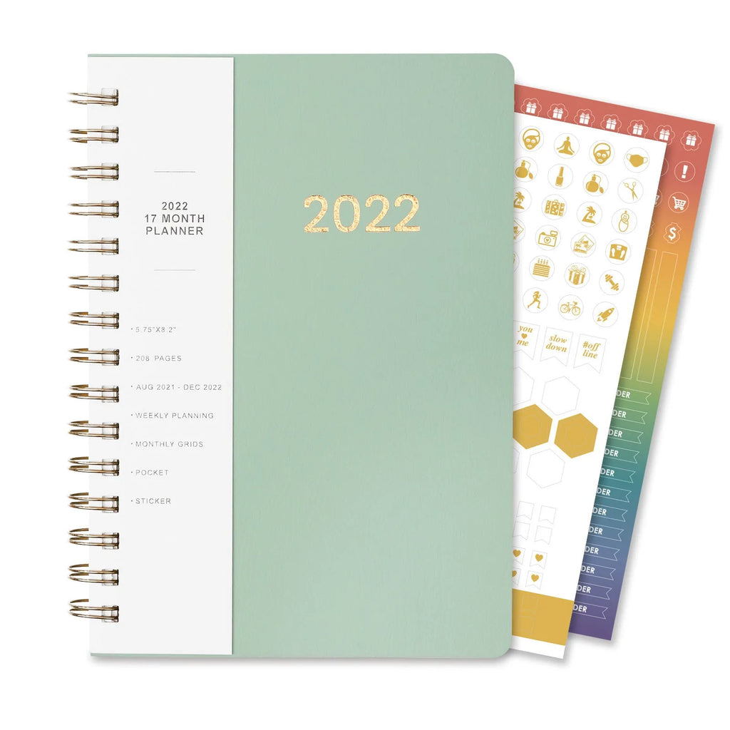 Green 2022 student weekly planner with coil binding, PU leather cover, open to show monthly grid and pockets.
