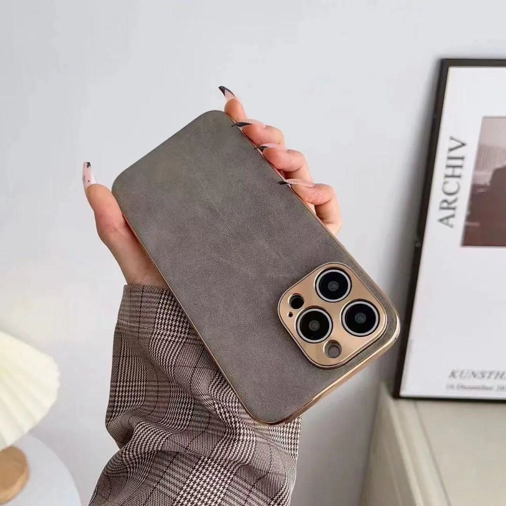 Leather texture phone case for iPhone in black, blue, grey, and grey-green colour options.