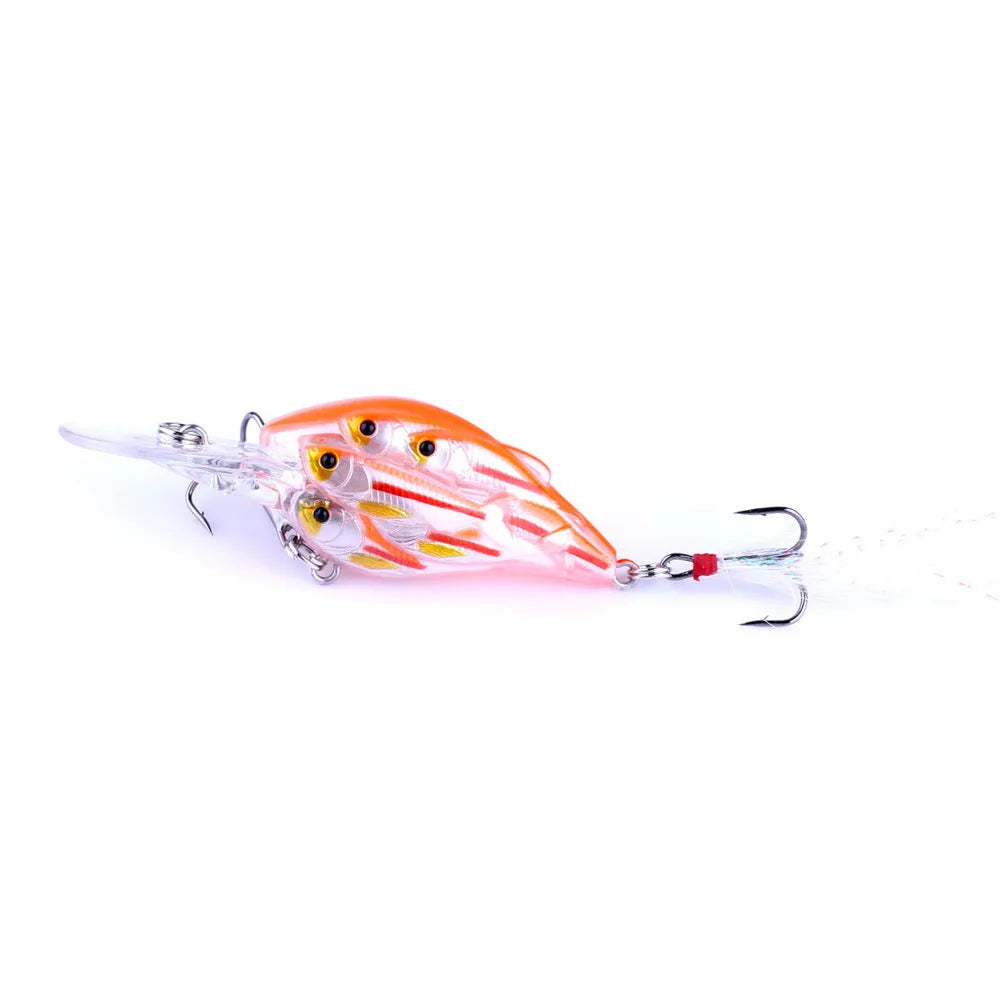 Fish Feather Hook 7.5cm floating hard bait fishing lure in multiple colour options