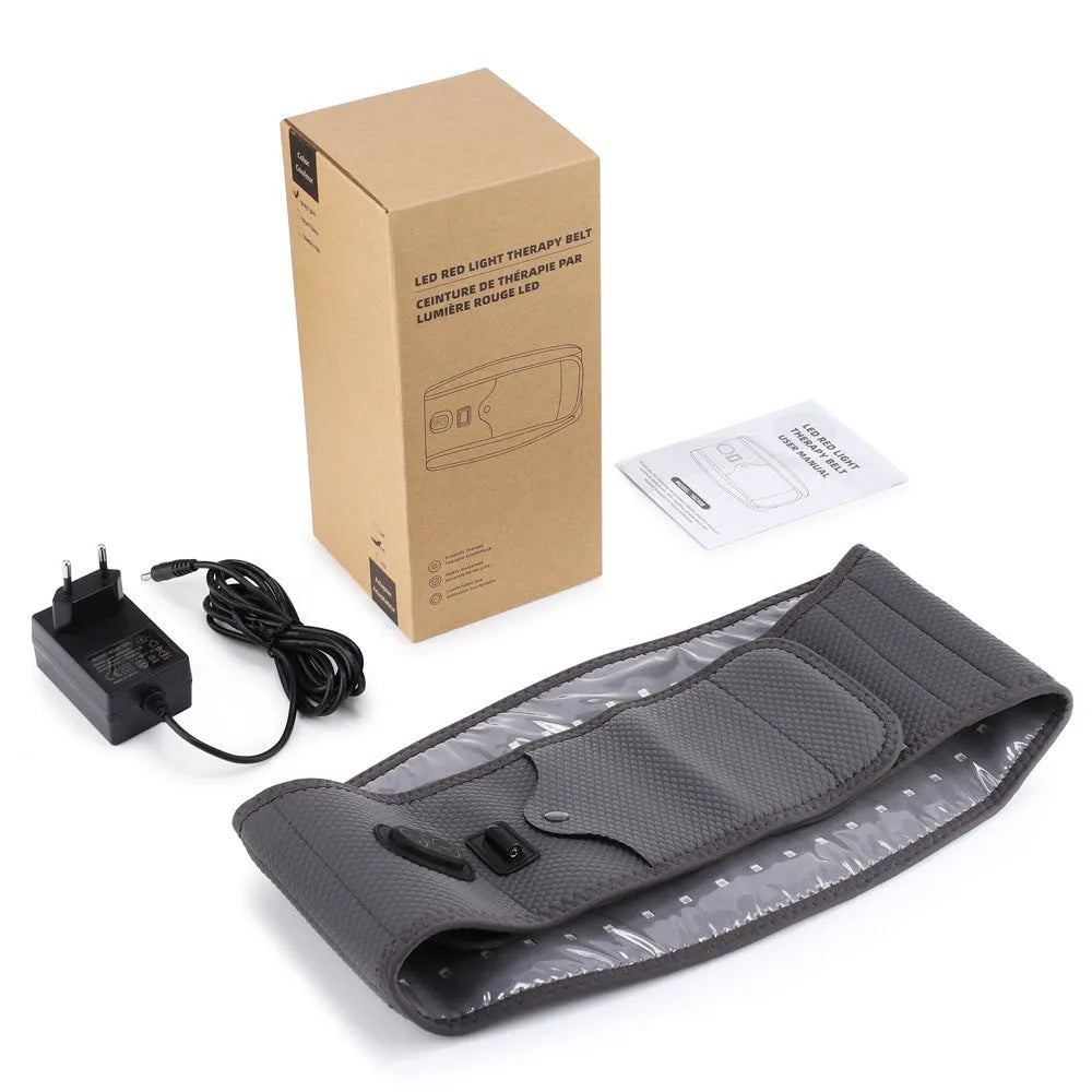 Grey neoprene electric waist therapy belt with adjustable strap and power connection.