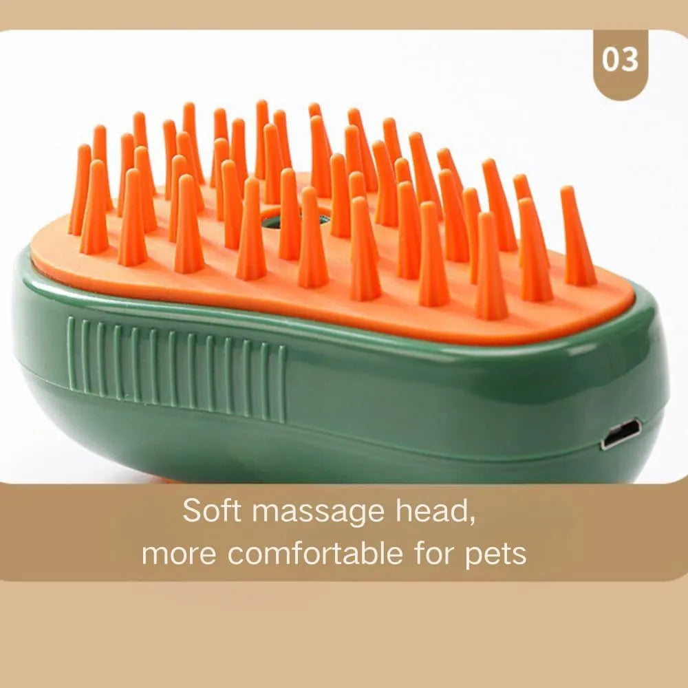 Green and white rechargeable 3-in-1 cat steam brush with silicone teeth and water spray nozzle.