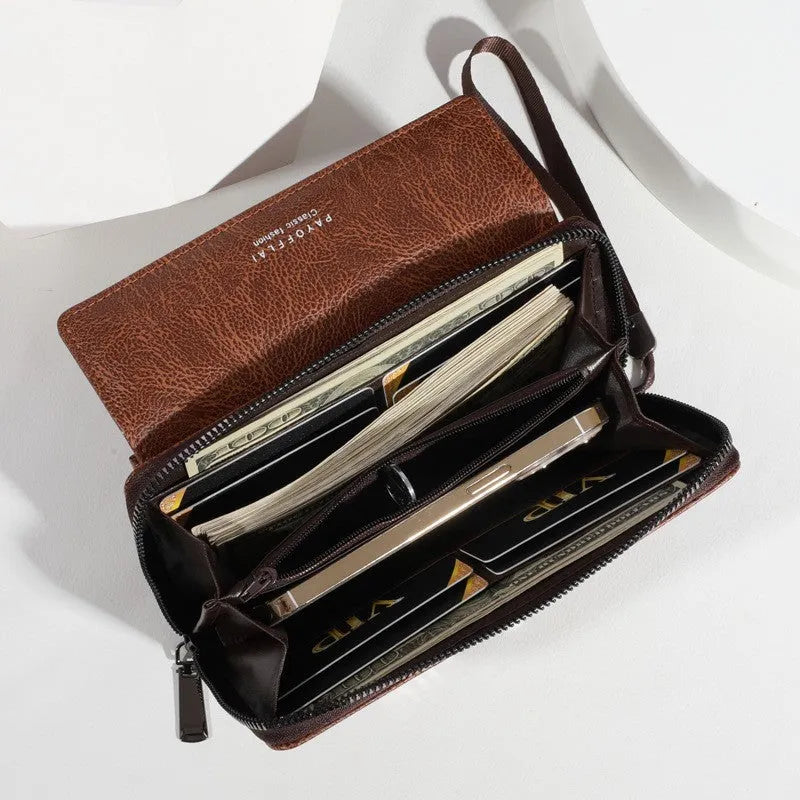 Men's black casual long PU leather wallet with multiple card slots shown open.