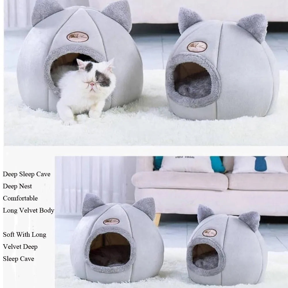 Grey fleece enclosed cube cat bed with entrance hole, shown in small, medium, and large sizes.