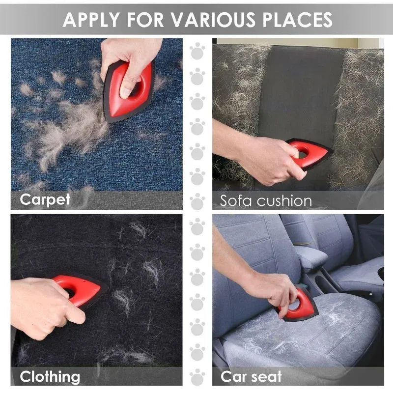 Silicone pet hair removal brush with bristles on one side and a flat scraper edge on the other, shown in red colour.