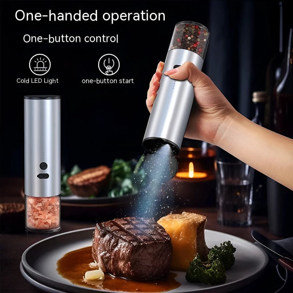 White or black electric salt pepper grinder with clear glass jar and stainless steel top