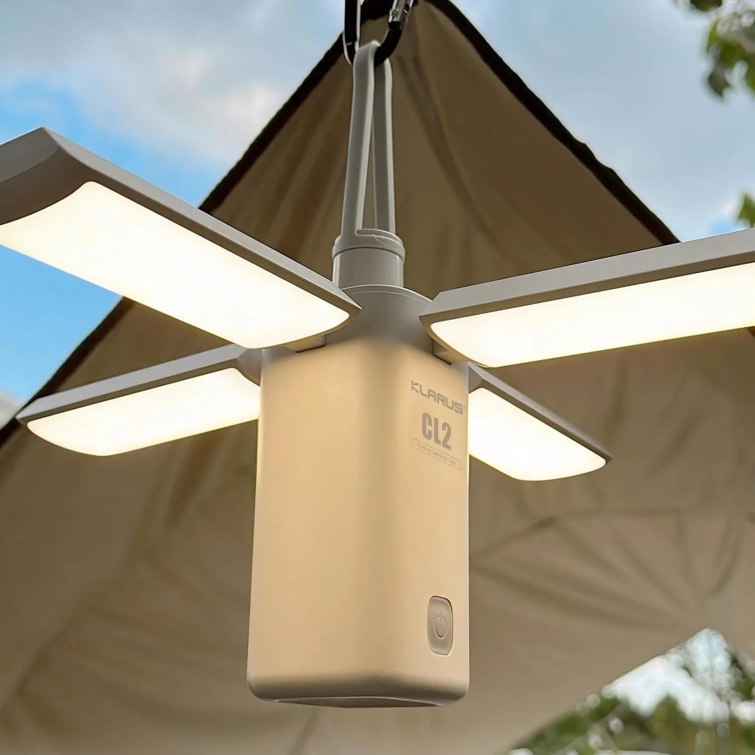 Green and white rechargeable LED campsite lamp with charging cable